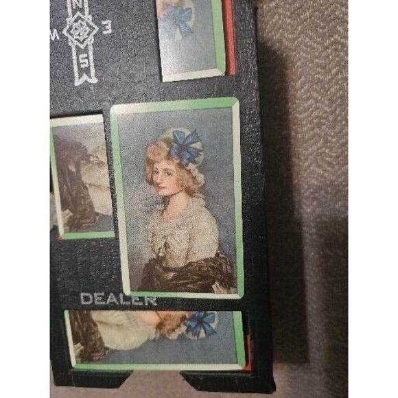 Vintage Bridge Board Complete Set Score Pencils Playing Cards Leather Card Box - Picture 9 of 12